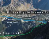 Trasa do Doliny Pięciu Stawów Polskich od Świstowej Czuby. Szlak zimowy i letni prowadzą przez Niżną Kopę do schroniska i stawów.