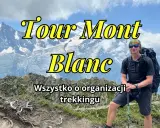 Mężczyzna z plecakiem i kijkami trekkingowymi na tle gór, przygotowuje się do Tour de Mont Blanc.