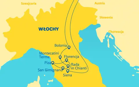 Mapa Włoch z zaznaczoną trasą przez Bolonię, Montecatini, Pizę, San Gimignano, Sienę i Florencję. To właśnie tam leży Toskania, region słynący z pięknych krajobrazów.