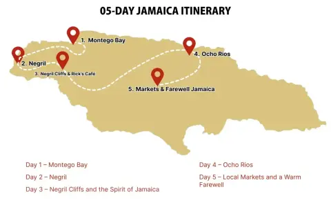 Mapa Jamajki z trasą 5-dniową: Montego Bay, Negril, Ocho Rios. Gdzie leży Jamajka? Na Karaibach.