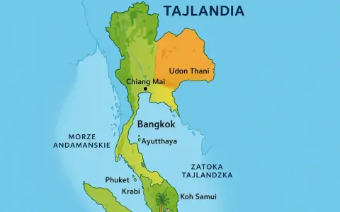Mapa pokazuje, gdzie leży Tajlandia, z zaznaczonymi miastami jak Bangkok, Chiang Mai, Udon Thani, Phuket i wyspami Koh Samui.