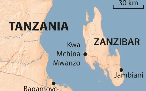 Mapa pokazuje Tanzanię i Zanzibar. Czy Zanzibar to państwo? Leży na wschód od kontynentu, blisko wybrzeża.