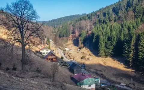 Domy w górach Sowich, otoczone lasem i wzniesieniami, z widokiem na dolinę.