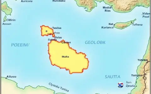 Mapa pokazuje, gdzie leży Malta, między Włochami a Tunezją, w otoczeniu Morza Śródziemnego.
