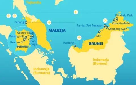 Mapa pokazuje, gdzie leży Malezja, z zaznaczonymi miastami jak Penang, Kuching i Kota Kinabalu.