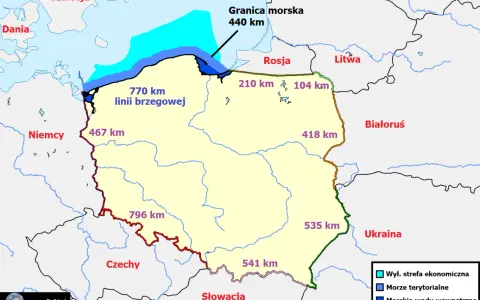 Mapa Polski z zaznaczonymi granicami i długościami. Ile Polska ma kilometrów? Linia brzegowa 770 km, granica morska 440 km.