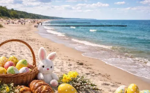 Koszyk z pisankami i zajączek na plaży. Idealne miejsce, gdzie spędzić święta wielkanocne w Polsce, nad Bałtykiem.