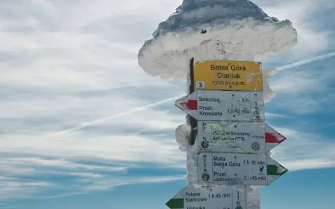 Znak szlaku na Babiej Górze, Diablak 1725 m n.p.m. w zimowej scenerii. Wskazuje kierunki do Sokolicy, Krowiarek i schroniska PTTK.