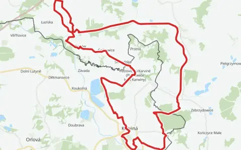 Mapa z zaznaczonymi trasami rowerowymi w Polsce, prowadzącymi przez tereny zielone i miejscowości takie jak Jastrzębie-Zdrój.