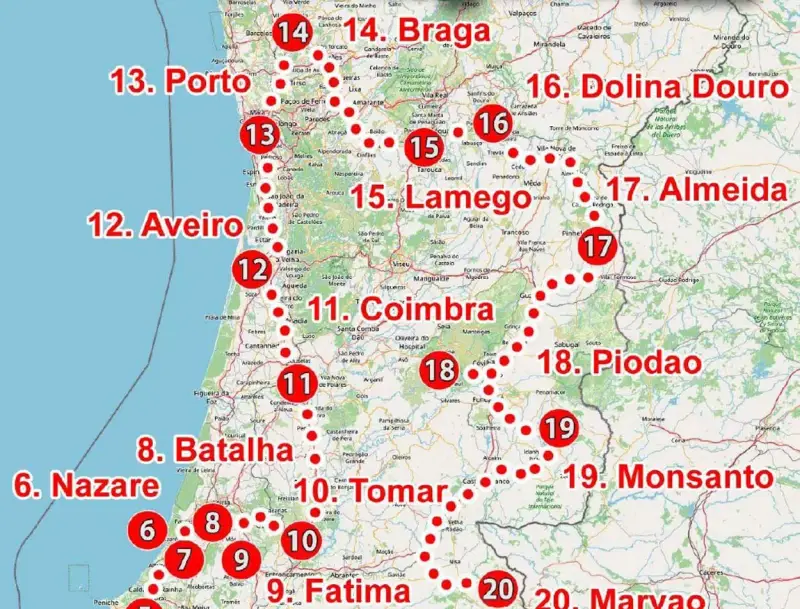 Mapa Portugal z zaznaczonymi miastami i trasami. Gdzie leży Portugalia? Na zachodzie Europy, na Półwyspie Iberyjskim.